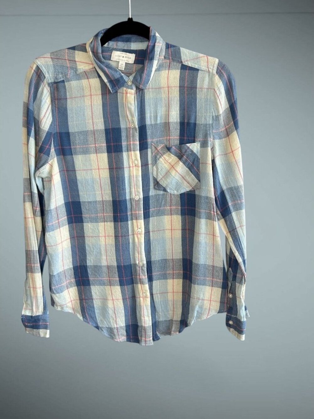 Lucky Brand Women's Shirt Blue Plaid Casual Cottage Size Small